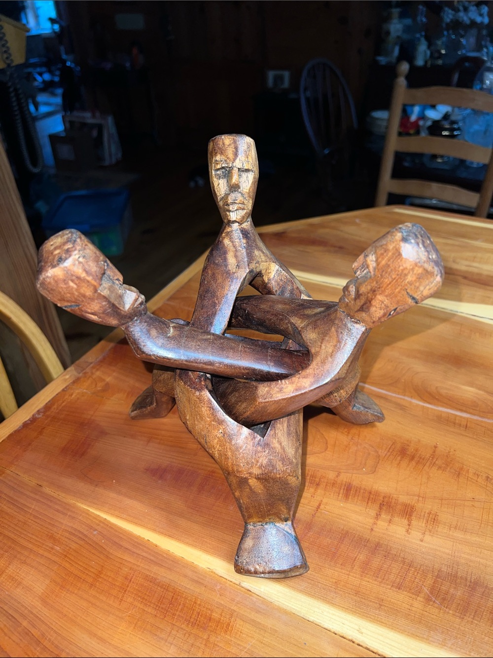 Hand Carved Wooden African Tribal Unity Figural Bowl or Plant Stand Decorative